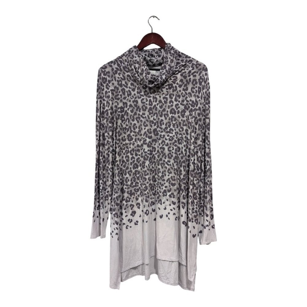 Soma Women's Gray Leopard Print Cowl Neck Soft Jersey Pullover Tunic Top Size L